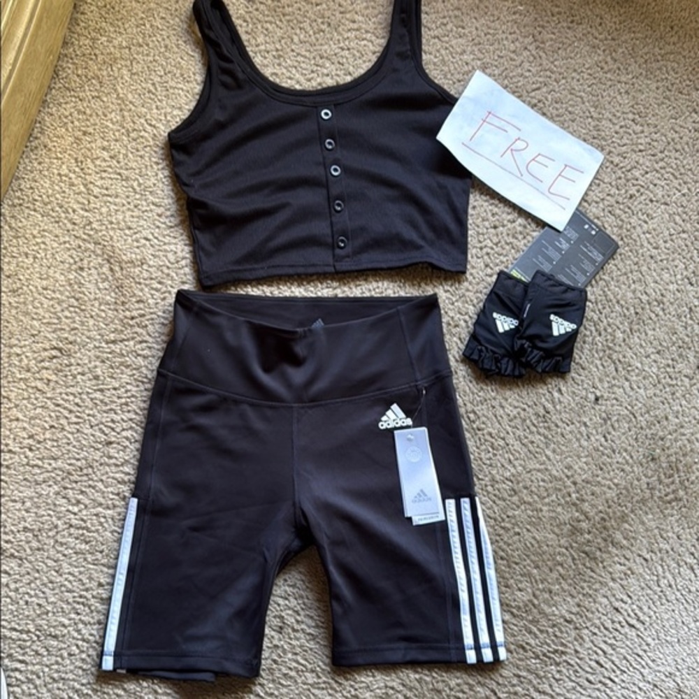 Adidas Black Athletic shorts and Weight gloves with FREE Black tank top